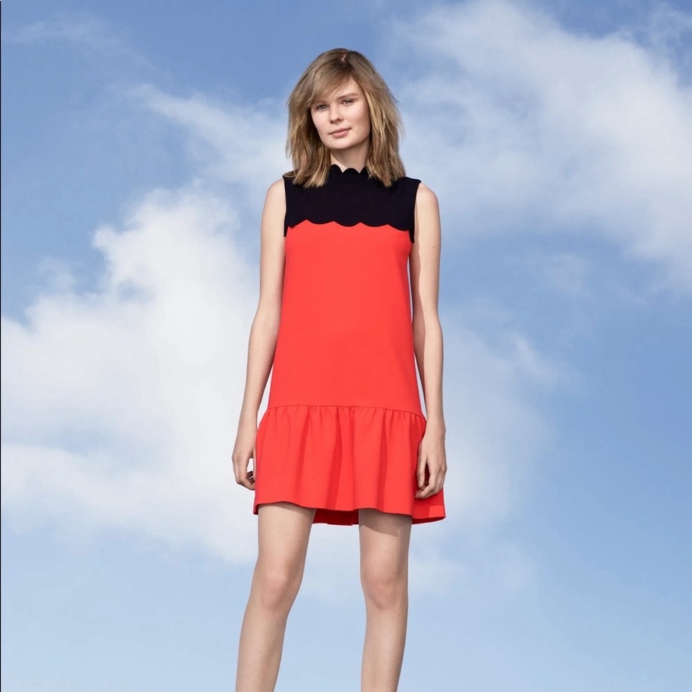 New Victoria Beckham tomato red /black scalloped dress with ruffle bottom
